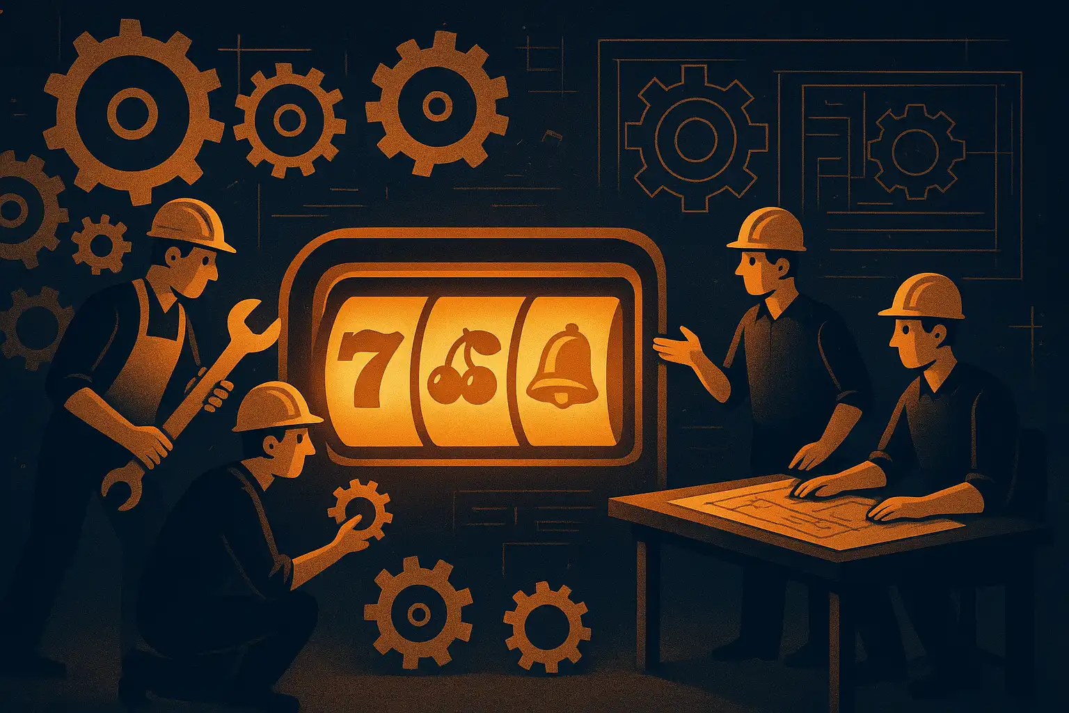 Dieselwin team workshop illustration with gears and a slot reel