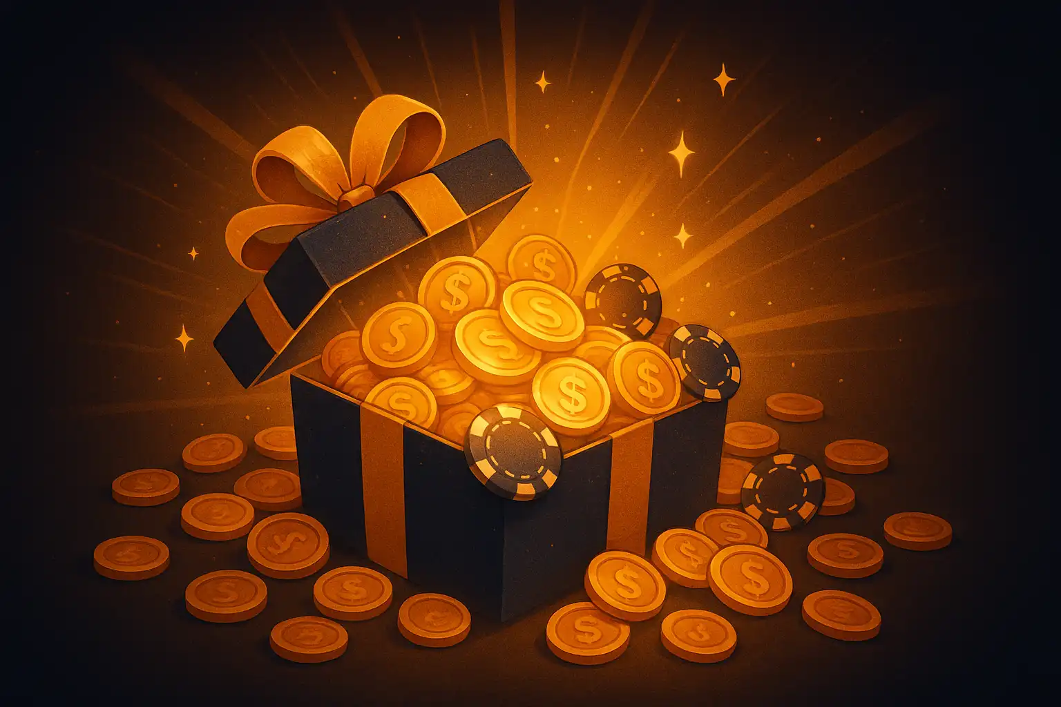 Glowing bonus coins and a gift box representing Dieselwin casino promotions